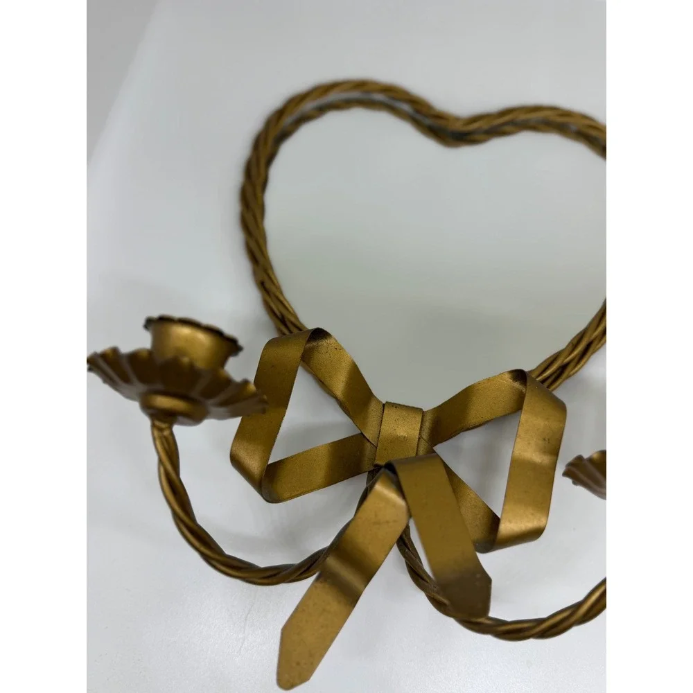 VTG Heart Mirror Candle‎ Sconce Gold Bow Ribbon Twisted Metal Hollywood Regency
